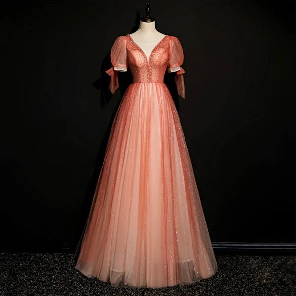 High-end Watermelon Dancing Prom Dresses 2020 A-Line / Princess Deep V-Neck Puffy Short Sleeve Beading Glitter Tulle Floor-Length / Long Ruffle Backless Formal Dresses