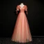 High-end Watermelon Dancing Prom Dresses 2020 A-Line / Princess Deep V-Neck Puffy Short Sleeve Beading Glitter Tulle Floor-Length / Long Ruffle Backless Formal Dresses