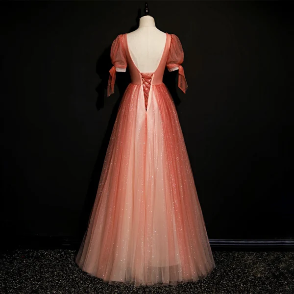 High-end Watermelon Dancing Prom Dresses 2020 A-Line / Princess Deep V-Neck Puffy Short Sleeve Beading Glitter Tulle Floor-Length / Long Ruffle Backless Formal Dresses