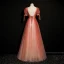 High-end Watermelon Dancing Prom Dresses 2020 A-Line / Princess Deep V-Neck Puffy Short Sleeve Beading Glitter Tulle Floor-Length / Long Ruffle Backless Formal Dresses