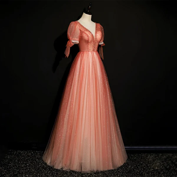 High-end Watermelon Dancing Prom Dresses 2020 A-Line / Princess Deep V-Neck Puffy Short Sleeve Beading Glitter Tulle Floor-Length / Long Ruffle Backless Formal Dresses