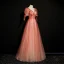 High-end Watermelon Dancing Prom Dresses 2020 A-Line / Princess Deep V-Neck Puffy Short Sleeve Beading Glitter Tulle Floor-Length / Long Ruffle Backless Formal Dresses