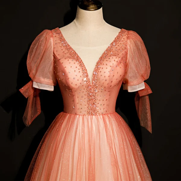 High-end Watermelon Dancing Prom Dresses 2020 A-Line / Princess Deep V-Neck Puffy Short Sleeve Beading Glitter Tulle Floor-Length / Long Ruffle Backless Formal Dresses