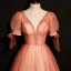 High-end Watermelon Dancing Prom Dresses 2020 A-Line / Princess Deep V-Neck Puffy Short Sleeve Beading Glitter Tulle Floor-Length / Long Ruffle Backless Formal Dresses