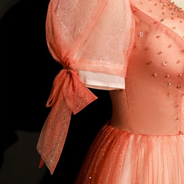 High-end Watermelon Dancing Prom Dresses 2020 A-Line / Princess Deep V-Neck Puffy Short Sleeve Beading Glitter Tulle Floor-Length / Long Ruffle Backless Formal Dresses