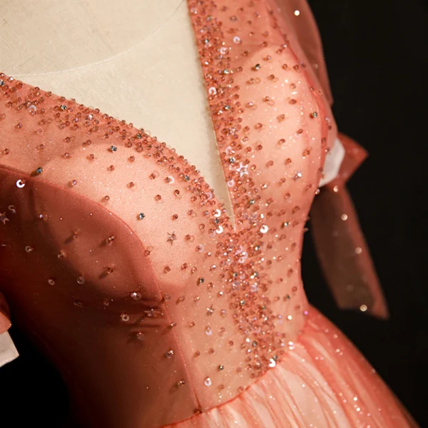 High-end Watermelon Dancing Prom Dresses 2020 A-Line / Princess Deep V-Neck Puffy Short Sleeve Beading Glitter Tulle Floor-Length / Long Ruffle Backless Formal Dresses