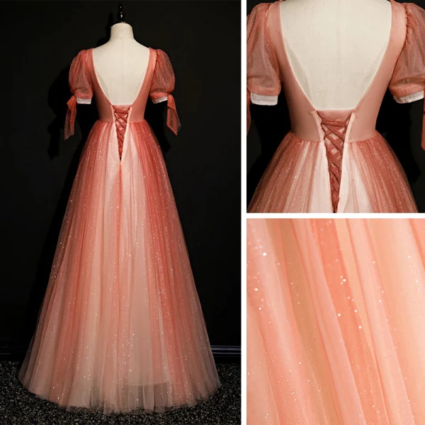High-end Watermelon Dancing Prom Dresses 2020 A-Line / Princess Deep V-Neck Puffy Short Sleeve Beading Glitter Tulle Floor-Length / Long Ruffle Backless Formal Dresses
