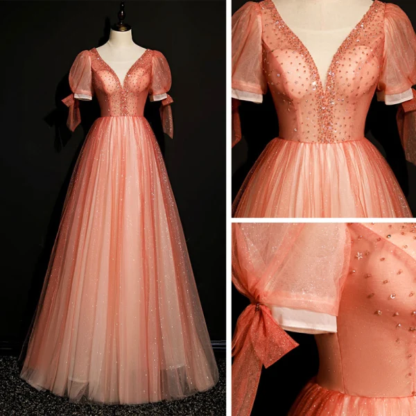 High-end Watermelon Dancing Prom Dresses 2020 A-Line / Princess Deep V-Neck Puffy Short Sleeve Beading Glitter Tulle Floor-Length / Long Ruffle Backless Formal Dresses
