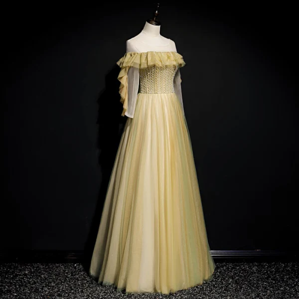 Meilleur Jonquille Dansant Robe De Bal 2020 Princesse Transparentes Encolure Dégagée Manches Longues Perlage Paillettes Longue Volants Dos Nu Robe De Ceremonie