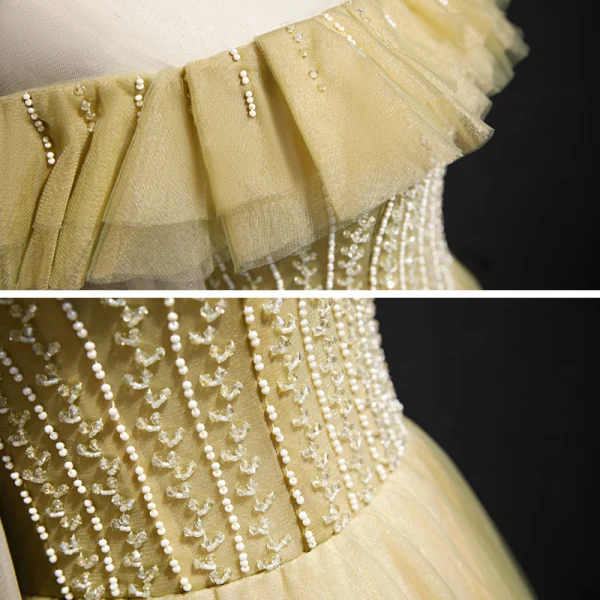 Meilleur Jonquille Dansant Robe De Bal 2020 Princesse Transparentes Encolure Dégagée Manches Longues Perlage Paillettes Longue Volants Dos Nu Robe De Ceremonie