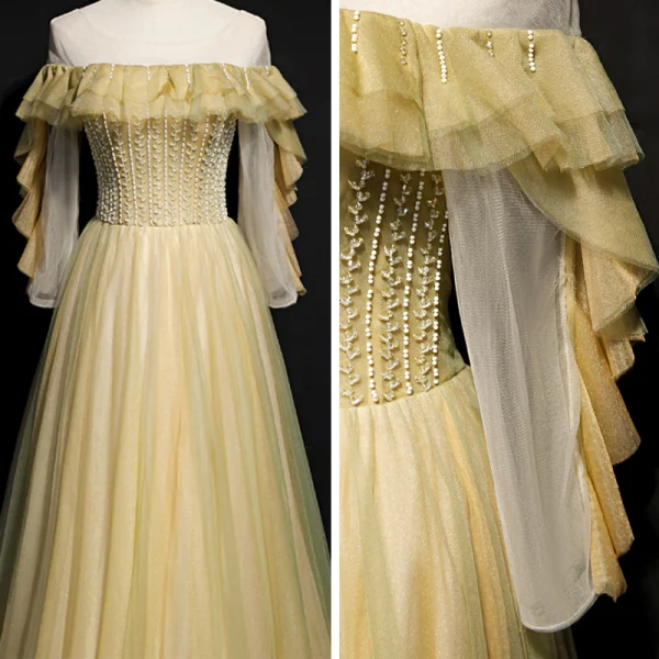 Meilleur Jonquille Dansant Robe De Bal 2020 Princesse Transparentes Encolure Dégagée Manches Longues Perlage Paillettes Longue Volants Dos Nu Robe De Ceremonie