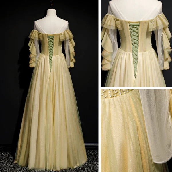 Meilleur Jonquille Dansant Robe De Bal 2020 Princesse Transparentes Encolure Dégagée Manches Longues Perlage Paillettes Longue Volants Dos Nu Robe De Ceremonie