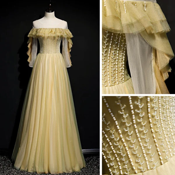Meilleur Jonquille Dansant Robe De Bal 2020 Princesse Transparentes Encolure Dégagée Manches Longues Perlage Paillettes Longue Volants Dos Nu Robe De Ceremonie
