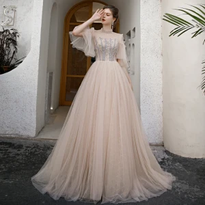 High End Champagne Dancing Ballkjoler 2020 Prinsesse Gjennomsiktig Høy Hals Korte Ermer Beading Feie Tog Buste Ryggløse Formelle Kjoler