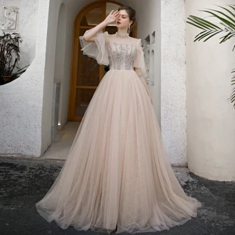 Haut De Gamme Champagne Dansant Robe De Bal 2020 Princesse Transparentes Col Haut Manches Courtes Perlage Train De Balayage Volants Dos Nu Robe De Ceremonie