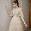 High End Champagner Tanzen Ballkleider 2020 A Linie Durchsichtige Stehkragen Kurze Ärmel Perlenstickerei Sweep / Pinsel Zug Rüschen Rückenfreies Festliche Kleider