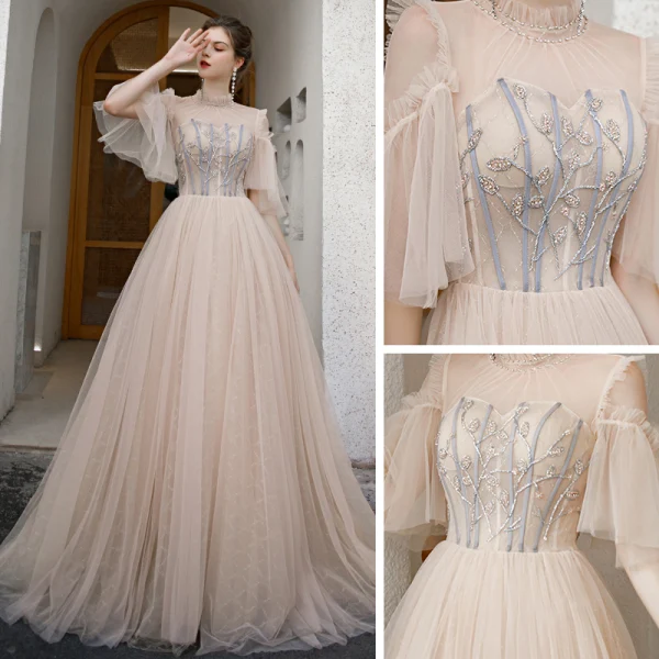 High End Champagner Tanzen Ballkleider 2020 A Linie Durchsichtige Stehkragen Kurze Ärmel Perlenstickerei Sweep / Pinsel Zug Rüschen Rückenfreies Festliche Kleider