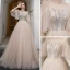 High End Champagner Tanzen Ballkleider 2020 A Linie Durchsichtige Stehkragen Kurze Ärmel Perlenstickerei Sweep / Pinsel Zug Rüschen Rückenfreies Festliche Kleider