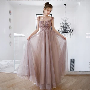 High End Champagne Dancing Ballkjoler 2020 Prinsesse Firkantet Hals Korte Ermer Beading Glitter Tyll Lange Buste Ryggløse Formelle Kjoler