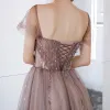 High-end Champagne Dancing Prom Dresses 2020 A-Line / Princess Square Neckline Short Sleeve Beading Glitter Tulle Floor-Length / Long Ruffle Backless Formal Dresses