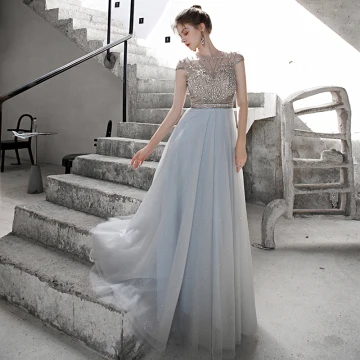High End Sky Blue Prom Dresses 2020 A Line Princess See Through Scoop Neck Sleeveless Beading Rhinestone Glitter Tulle Sweep Train Ruffle Backless