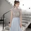 Haut de Gamme Bleu Ciel Robe De Bal 2020 Princesse Transparentes Encolure Dégagée Sans Manches Perlage Faux Diamant Glitter Tulle Train De Balayage Volants Dos Nu