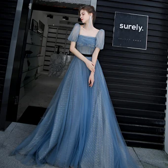 Élégant Océan Bleu Robe De Bal 2020 Princesse Encolure Carrée Gonflée Manches Courtes Ceinture Perlage Longue Volants Dos Nu Robe De Ceremonie