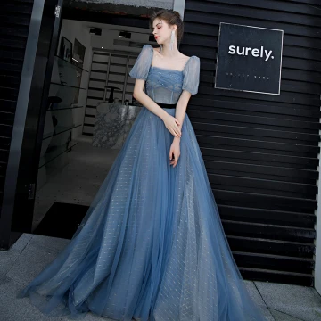 Elegant Ocean Blue Prom Dresses 2020 A Line Princess Square Neckline Puffy Short Sleeve Sash Beading Floor Length Long Ruffle Backless Formal Dresses