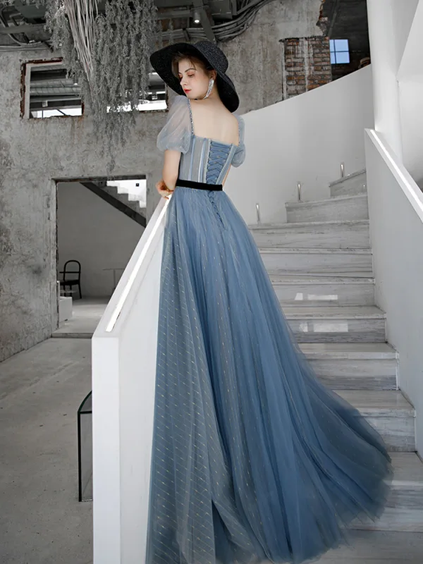 blue prom dresses 2020 Sweetheart Blue Chiffon Tiered A-line Prom Dresses, Azure / 2 main image 1