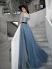 Elegant Ocean Blue Prom Dresses 2020 A-Line / Princess Square Neckline Puffy Short Sleeve Sash Beading Floor-Length / Long Ruffle Backless Formal Dresses