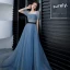 Elegant Ocean Blue Prom Dresses 2020 A-Line / Princess Square Neckline Puffy Short Sleeve Sash Beading Floor-Length / Long Ruffle Backless Formal Dresses