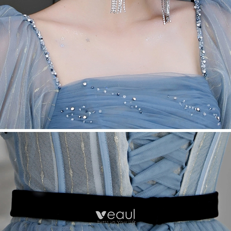 Vestido de chiffon con escote en V y tirantes de lazo Azul Océano