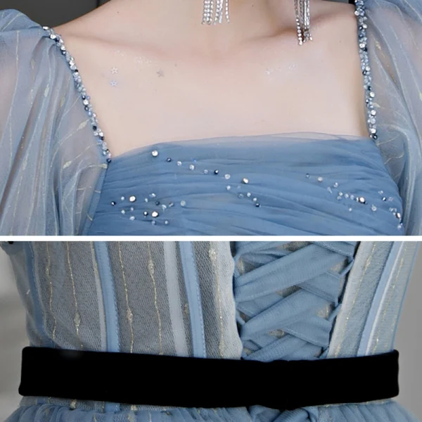 Elegant Ocean Blue Prom Dresses 2020 A-Line / Princess Square Neckline Puffy Short Sleeve Sash Beading Floor-Length / Long Ruffle Backless Formal Dresses