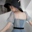 Elegant Ocean Blue Prom Dresses 2020 A-Line / Princess Square Neckline Puffy Short Sleeve Sash Beading Floor-Length / Long Ruffle Backless Formal Dresses