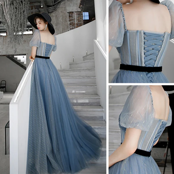 Elegant Ocean Blue Prom Dresses 2020 A-Line / Princess Square Neckline Puffy Short Sleeve Sash Beading Floor-Length / Long Ruffle Backless Formal Dresses