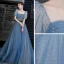 Elegant Ocean Blue Prom Dresses 2020 A-Line / Princess Square Neckline Puffy Short Sleeve Sash Beading Floor-Length / Long Ruffle Backless Formal Dresses