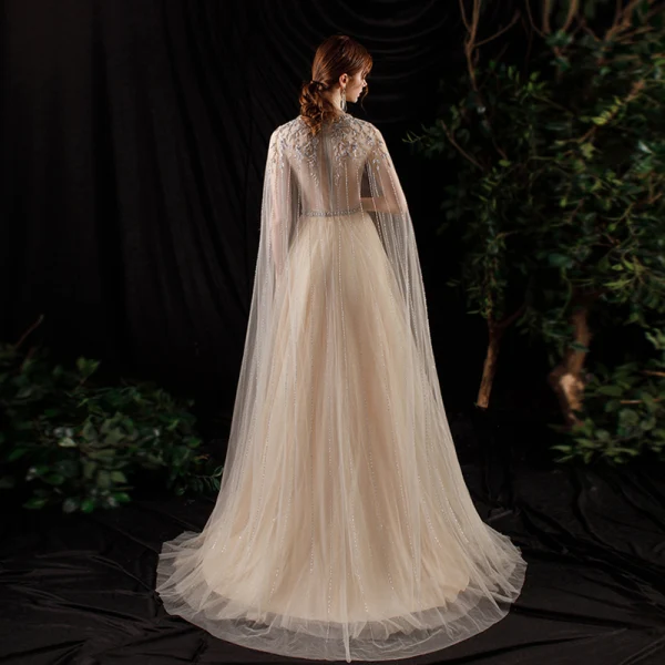 Illusion Champagne See-through Red Carpet Evening Dresses 2020 A-Line / Princess Scoop Neck Sleeveless Beading Glitter Tulle Floor-Length / Long Ruffle Formal Dresses