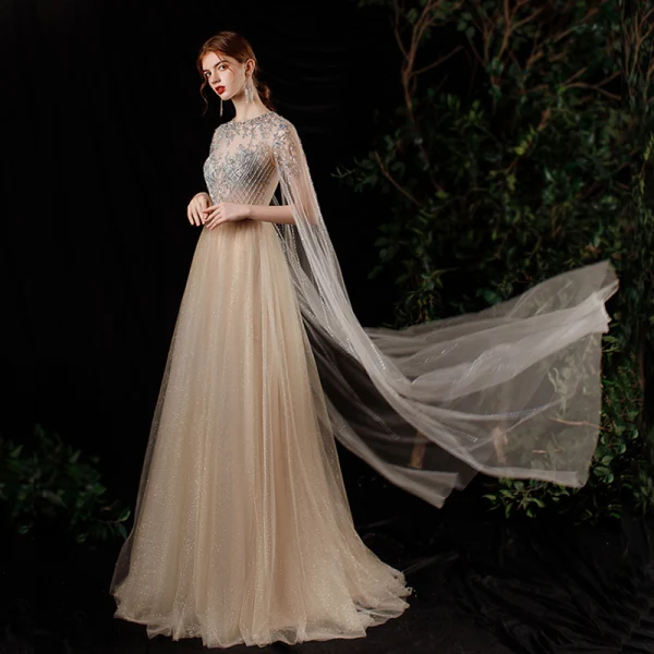 Illusion Champagne See-through Red Carpet Evening Dresses 2020 A-Line / Princess Scoop Neck Sleeveless Beading Glitter Tulle Floor-Length / Long Ruffle Formal Dresses