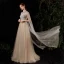 Illusion Champagne See-through Red Carpet Evening Dresses  2020 A-Line / Princess Scoop Neck Sleeveless Beading Glitter Tulle Floor-Length / Long Ruffle Formal Dresses