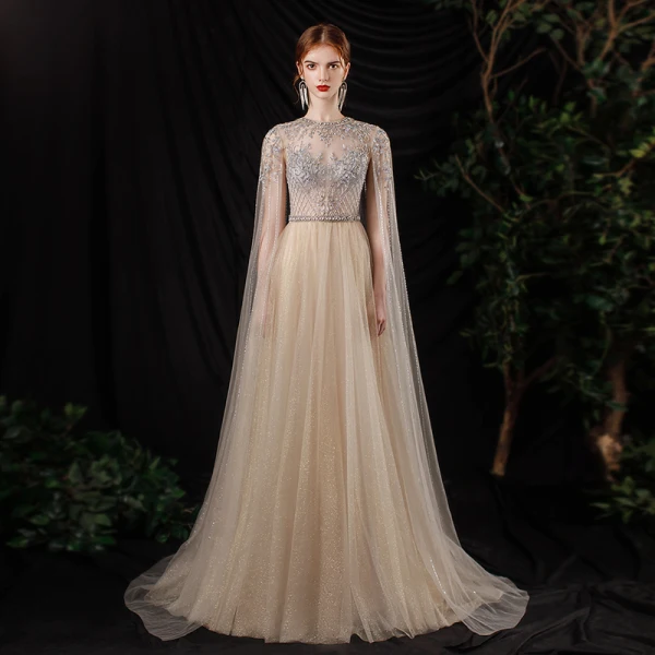 Illusion Champagne See-through Red Carpet Evening Dresses 2020 A-Line / Princess Scoop Neck Sleeveless Beading Glitter Tulle Floor-Length / Long Ruffle Formal Dresses