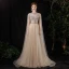 Illusion Champagne See-through Red Carpet Evening Dresses  2020 A-Line / Princess Scoop Neck Sleeveless Beading Glitter Tulle Floor-Length / Long Ruffle Formal Dresses