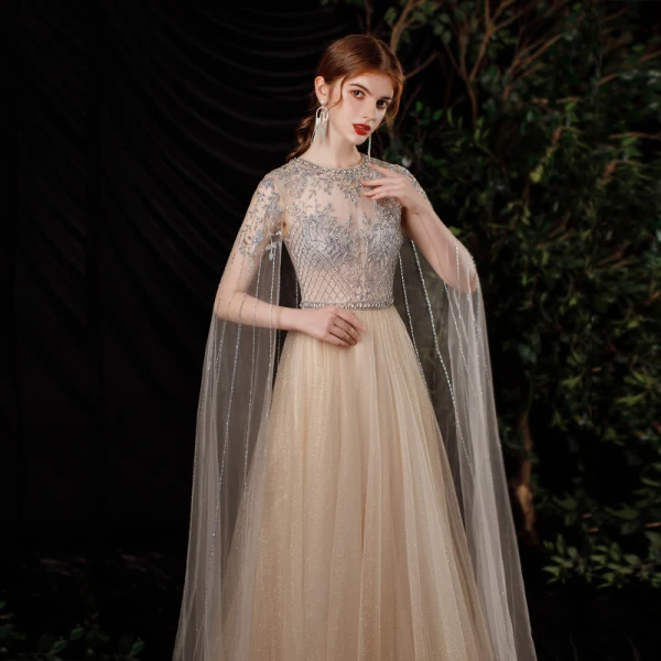 Illusion Champagne See-through Red Carpet Evening Dresses 2020 A-Line / Princess Scoop Neck Sleeveless Beading Glitter Tulle Floor-Length / Long Ruffle Formal Dresses
