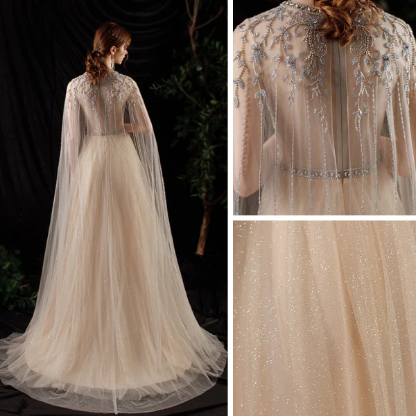 Illusion Champagne See-through Red Carpet Evening Dresses 2020 A-Line / Princess Scoop Neck Sleeveless Beading Glitter Tulle Floor-Length / Long Ruffle Formal Dresses