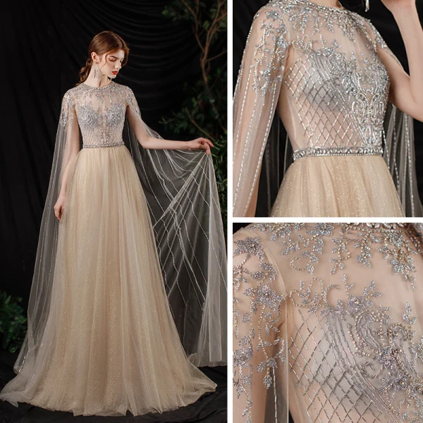 Illusion Champagne See-through Red Carpet Evening Dresses 2020 A-Line / Princess Scoop Neck Sleeveless Beading Glitter Tulle Floor-Length / Long Ruffle Formal Dresses
