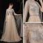 Illusion Champagne See-through Red Carpet Evening Dresses  2020 A-Line / Princess Scoop Neck Sleeveless Beading Glitter Tulle Floor-Length / Long Ruffle Formal Dresses