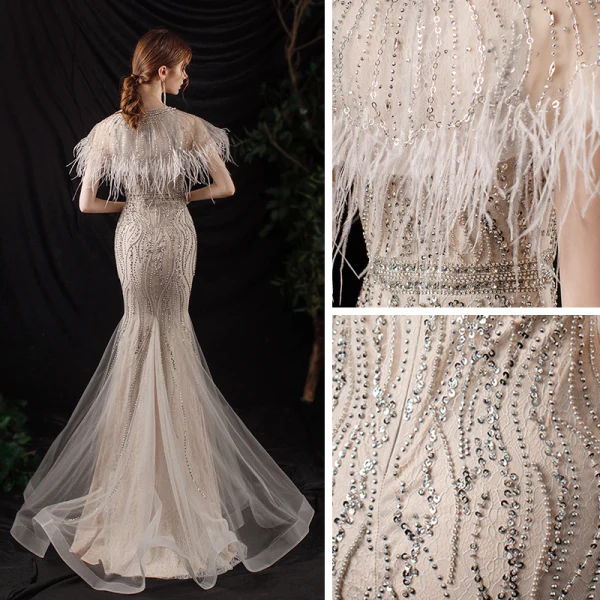 Haut de Gamme Champagne Transparentes Tapis rouge Robe De Soirée 2020 Trompette / Sirène Encolure Dégagée Manches Courtes Plumes Perlage Paillettes Longue Volants Robe De Ceremonie