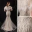 Haut de Gamme Champagne Transparentes Tapis rouge Robe De Soirée 2020 Trompette / Sirène Encolure Dégagée Manches Courtes Plumes Perlage Paillettes Longue Volants Robe De Ceremonie