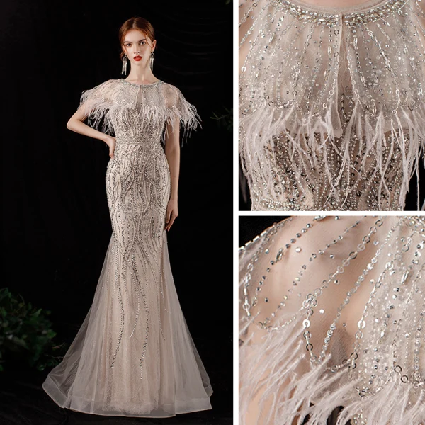 Haut de Gamme Champagne Transparentes Tapis rouge Robe De Soirée 2020 Trompette / Sirène Encolure Dégagée Manches Courtes Plumes Perlage Paillettes Longue Volants Robe De Ceremonie