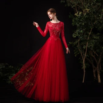 Haut De Gamme Rouge Dansant Robe De Bal 2020 Princesse Transparentes Encolure Dégagée Manches Longues Ceinture Perlage Faux Diamant Longue Volants Robe De Ceremonie