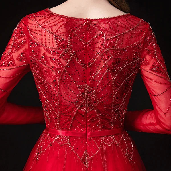 High End Rot Tanzen Ballkleider 2020 A Linie Durchsichtige Rundhalsausschnitt Lange Ärmel Stoffgürtel Perlenstickerei Strass Lange Rüschen Festliche Kleider